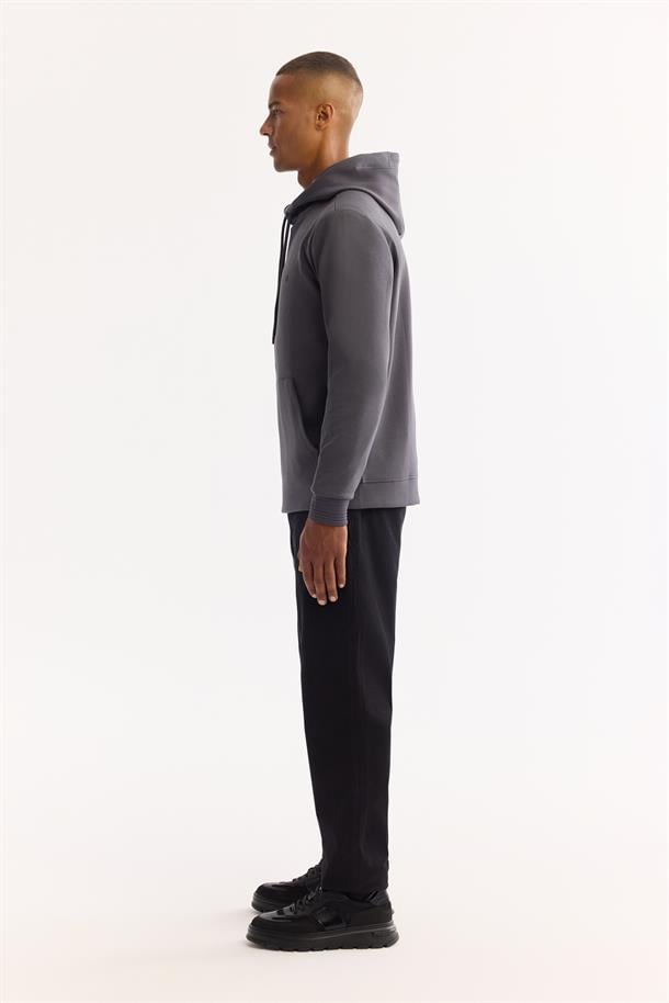 Antrasit Kapüşonlu Yaka Kanguru Cepli   İnterlok Sweatshirt
