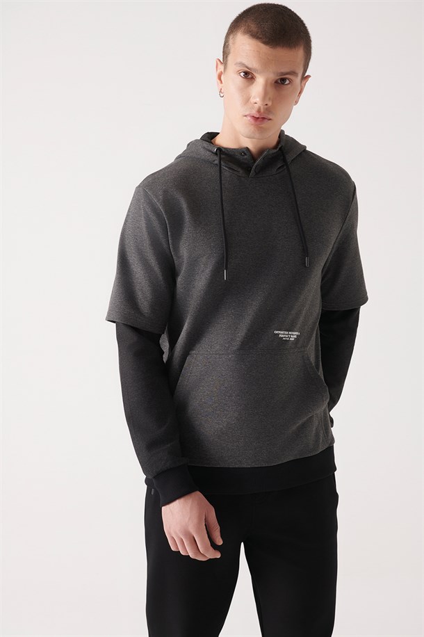 Antrasit Kapüşonlu Yaka Şardonlu 3 İplik Parçalı Sweatshirt