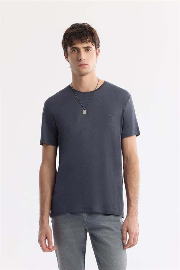Antrasit Soft Touch Bisiklet Yaka Düz Modal T-Shirt