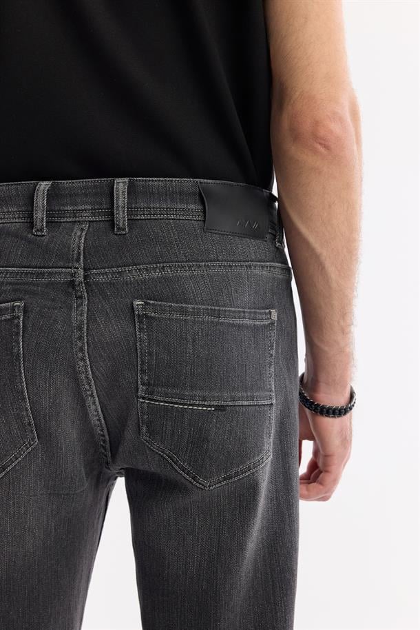 Antrasit Taş Yıkamalı Örme Slim Fit Denim Pantolon