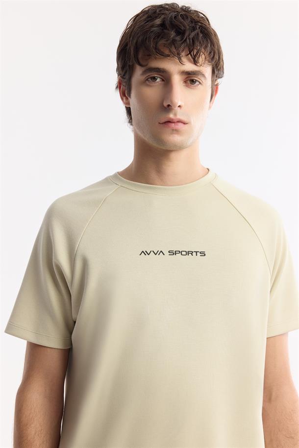 Bej %100 Pamuk Bisiklet Yaka Baskılı T-Shirt