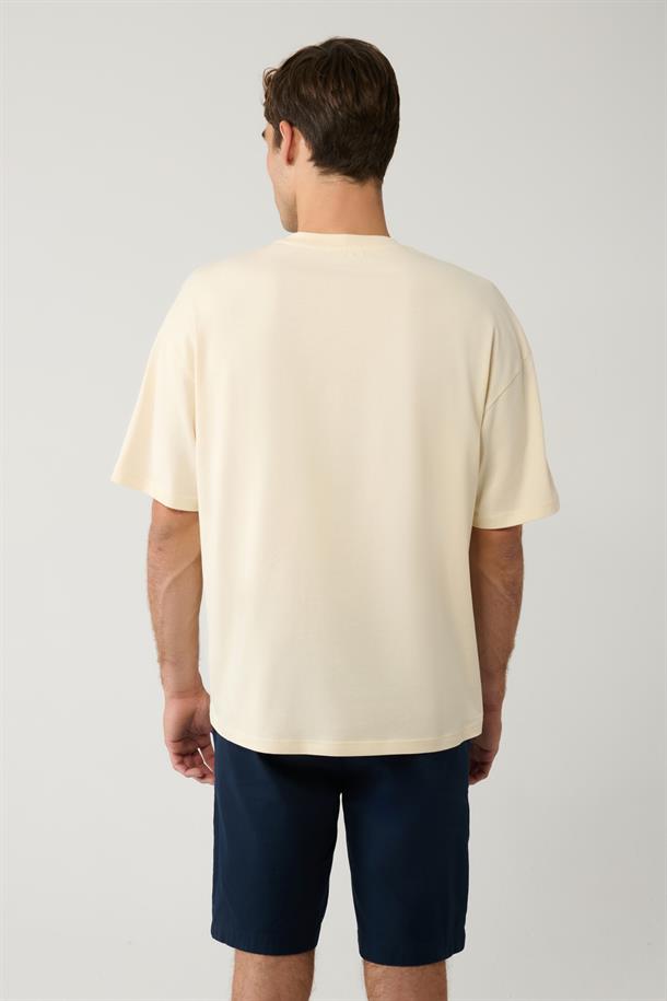 Bej Baskılı Bisiklet Yaka Pamuklu Oversize T-shirt