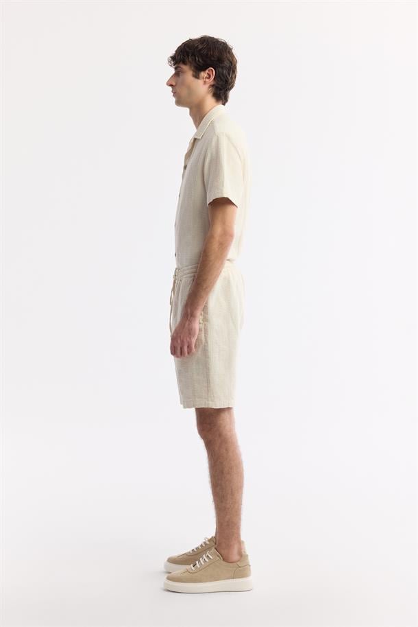 Bej Beli Lastikli %100 Pamuk Desenli Etenna Relaxed Fit Şort