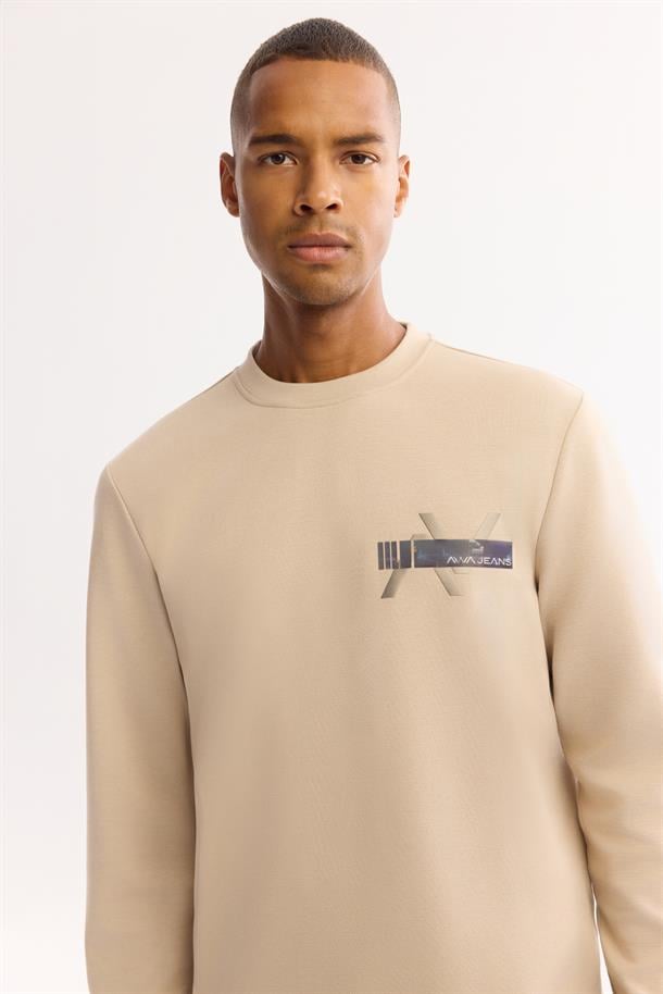 Bej Bisiklet Yaka Göğsü Hologram Baskı  İnterlok Sweatshirt