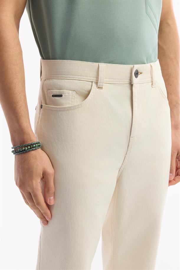 Bej Düz Yıkama Straight Fit Pantolon
