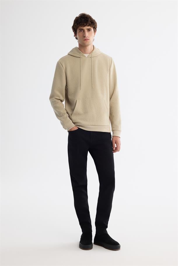 Bej Kapüşonlu Baskılı Sweatshirt