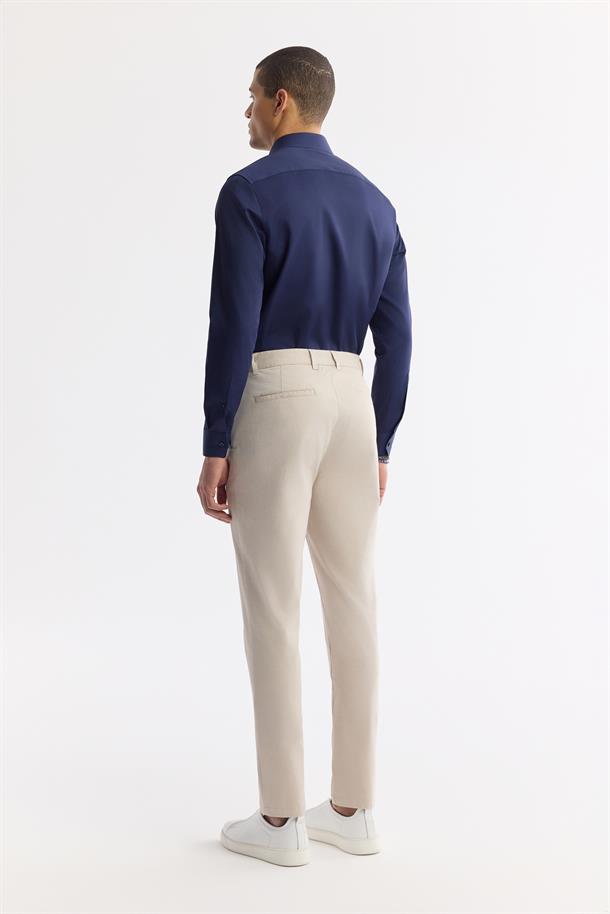 Bej Klasik Bel Armürlü Pamuk Karışımlı Lamus Slim Fit Chino Pantolon