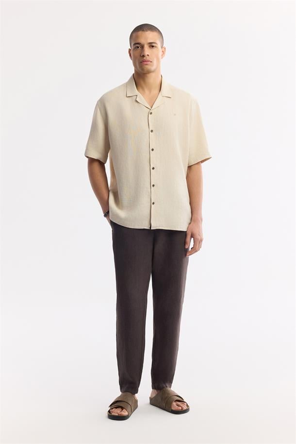 Bej Küba Yaka %100 Keten Kısa Kol Rahat Kesim Oversize Fit Kısa Kol Gömlek