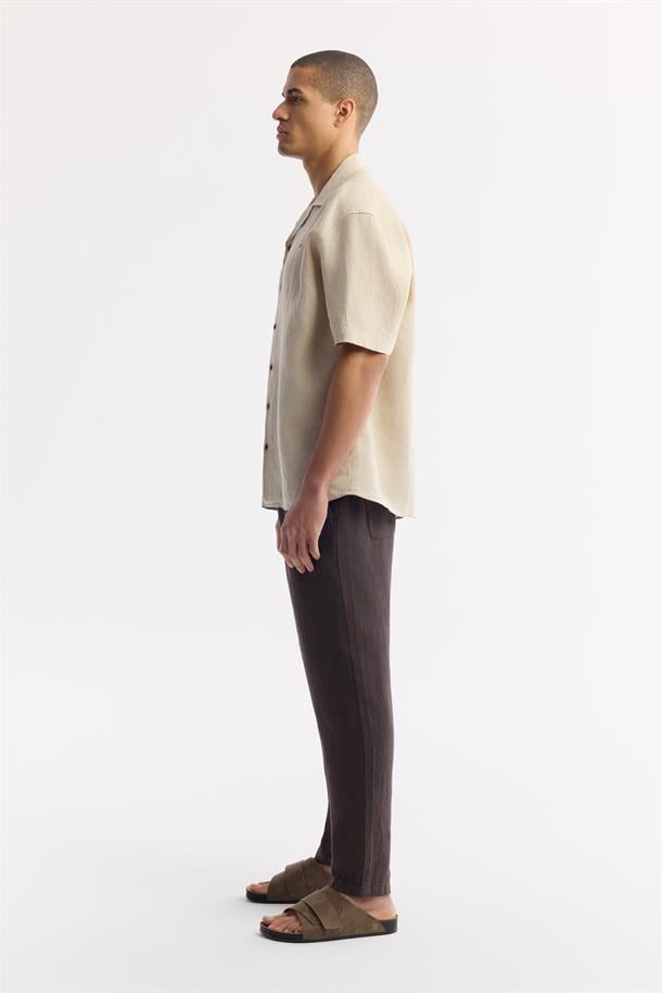 Bej Küba Yaka %100 Keten Kısa Kol Rahat Kesim Oversize Fit Kısa Kol Gömlek