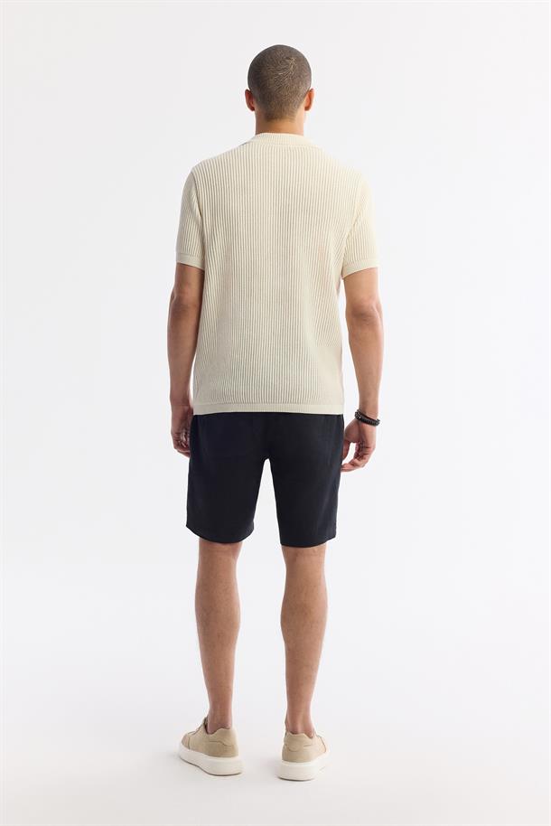 Bej Polo Yaka Düğmesiz Ajurlu Triko T-shirt