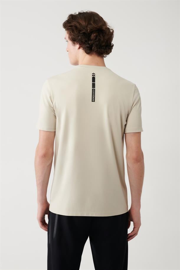 Bej Soft Touch Baskılı Bisiklet Yaka T-shirt