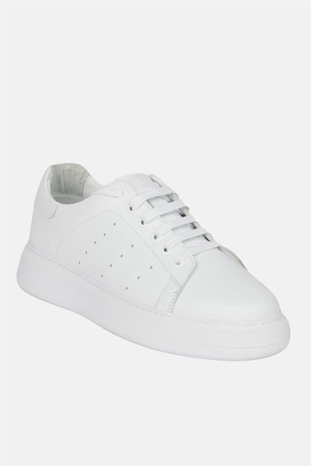 Beyaz %100 Deri Esnek Taban Sneaker Ayakkabı