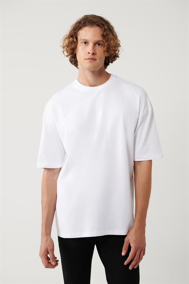 Beyaz Baskılı Bisiklet Yaka Oversize T-shirt