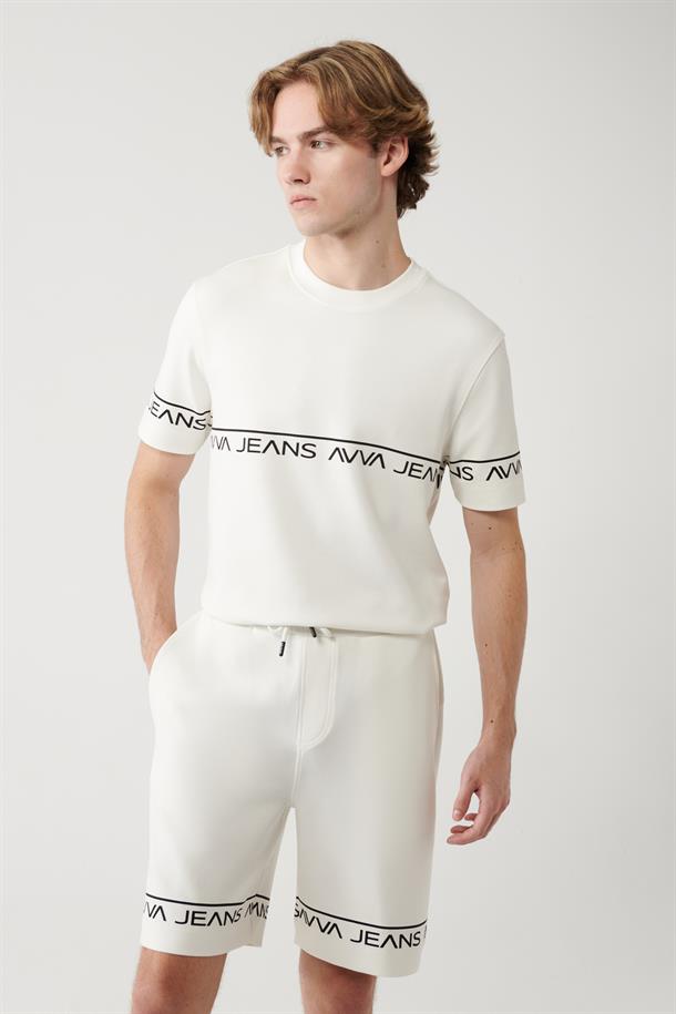 Beyaz Baskılı Bisiklet Yaka  Soft Touch T-shirt