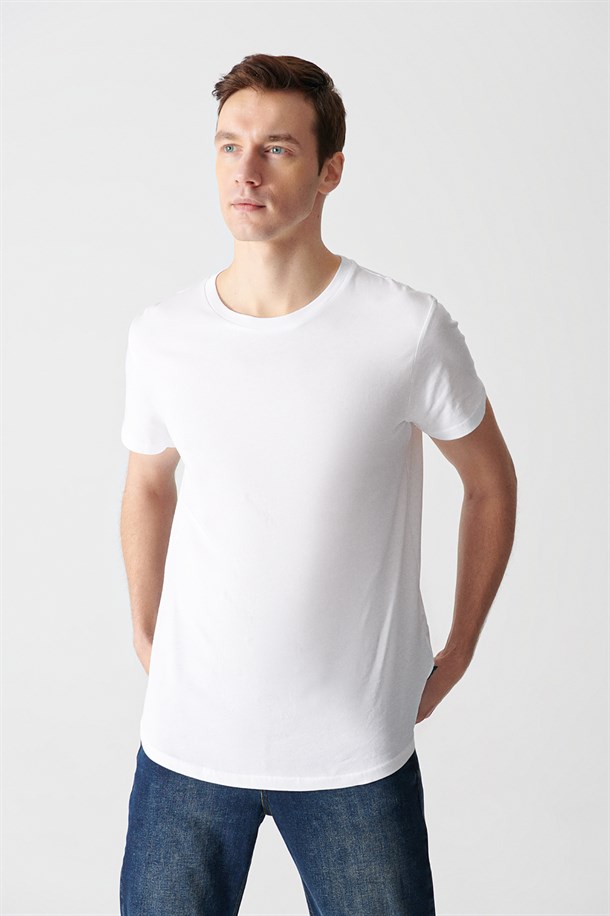 Beyaz Bisiklet Yaka Düz Long Fit T-Shirt