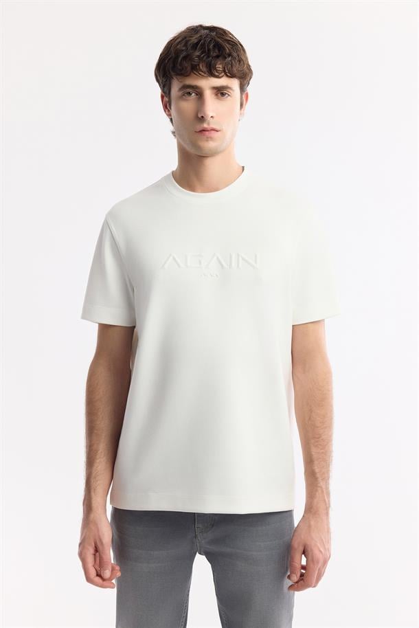 Beyaz Bisiklet Yaka Hologram Baskılı İnterlok T-Shirt