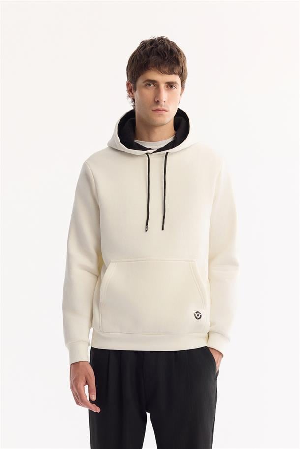 Beyaz Kapüşonlu 3 İplik Şardonlu Pamuklu Sweatshirt