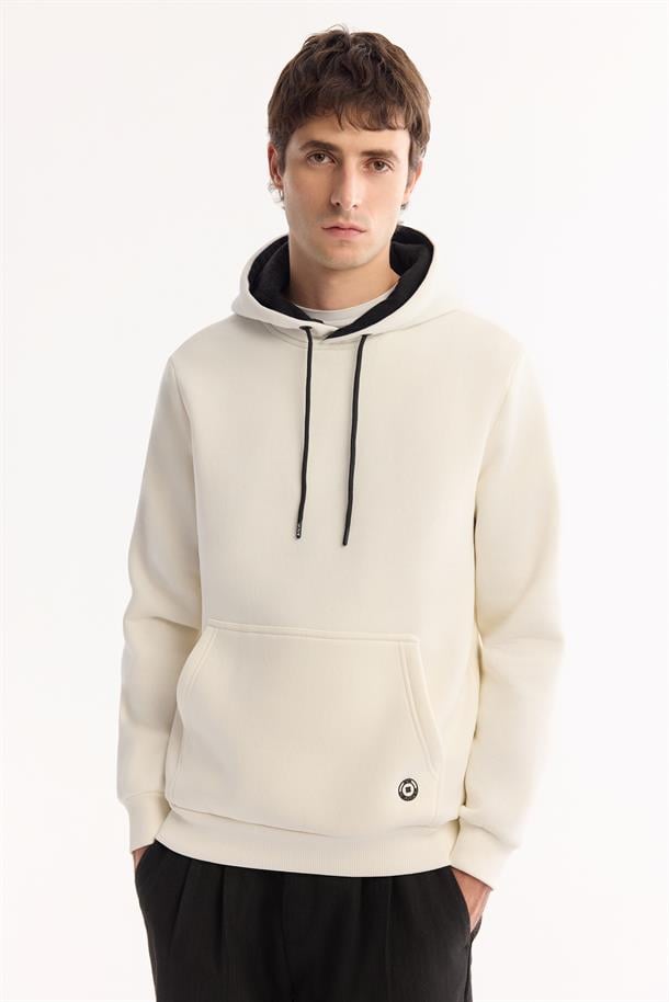 Beyaz Kapüşonlu 3 İplik Şardonlu Pamuklu Sweatshirt