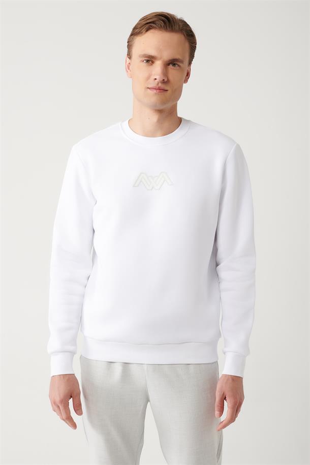 Beyaz Şardonlu Kumaş Bisiklet Yaka Flok Baskılı Sweatshirt