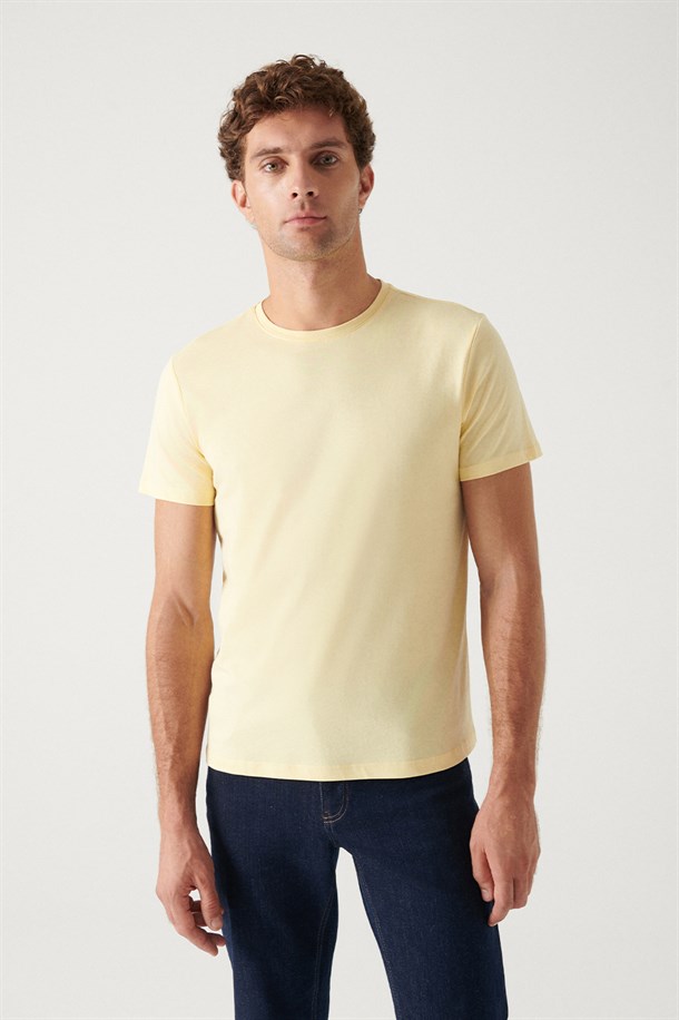 Beyaz-Sarı-Mint 3'lü Bisiklet Yaka %100 Pamuk Basic T-Shirt