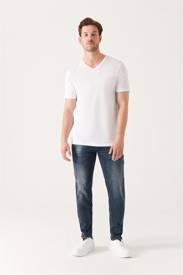 Beyaz Ultrasoft V Yaka Düz Regular Fit Modal T-Shirt