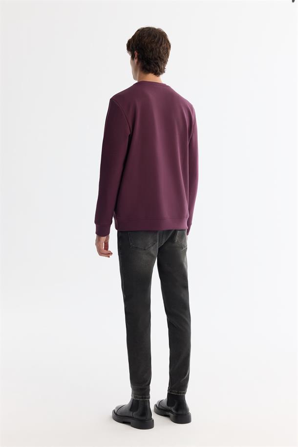 Bordo Bisiklet Yaka Pamuklu Baskılı Sweatshirt