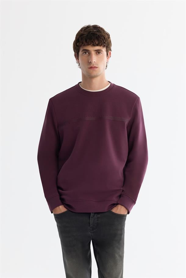 Bordo Bisiklet Yaka Pamuklu Baskılı Sweatshirt