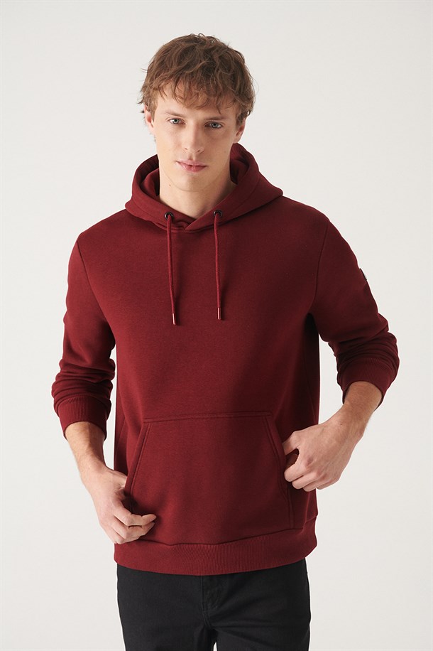 Bordo Kapüşonlu Yaka 3 İplik Şardonlu Arkası Baskılı Sweatshirt