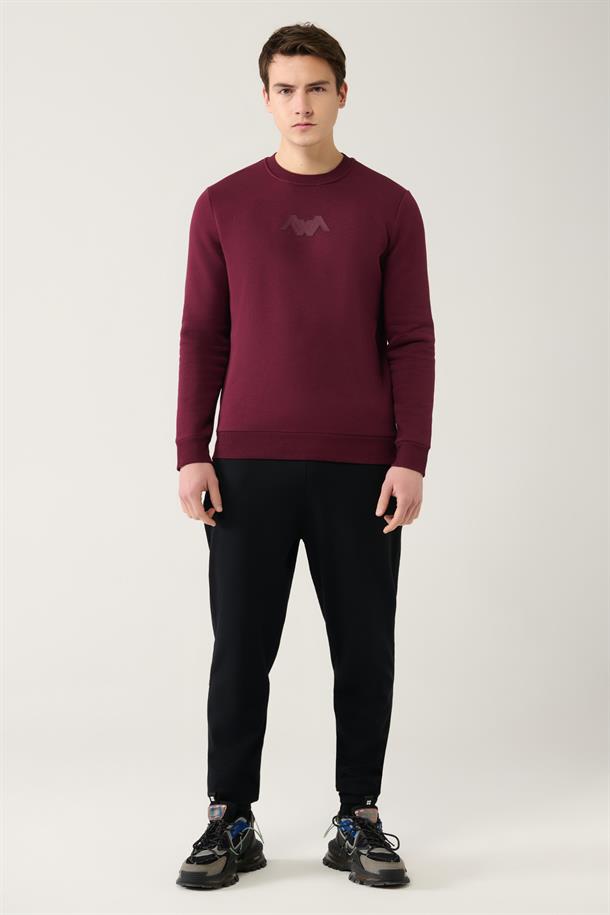 Bordo Sweatshirt Bisiklet Yaka 3 İplik Şardonlu Flok Baskılı Regular Fit Standart Kesim