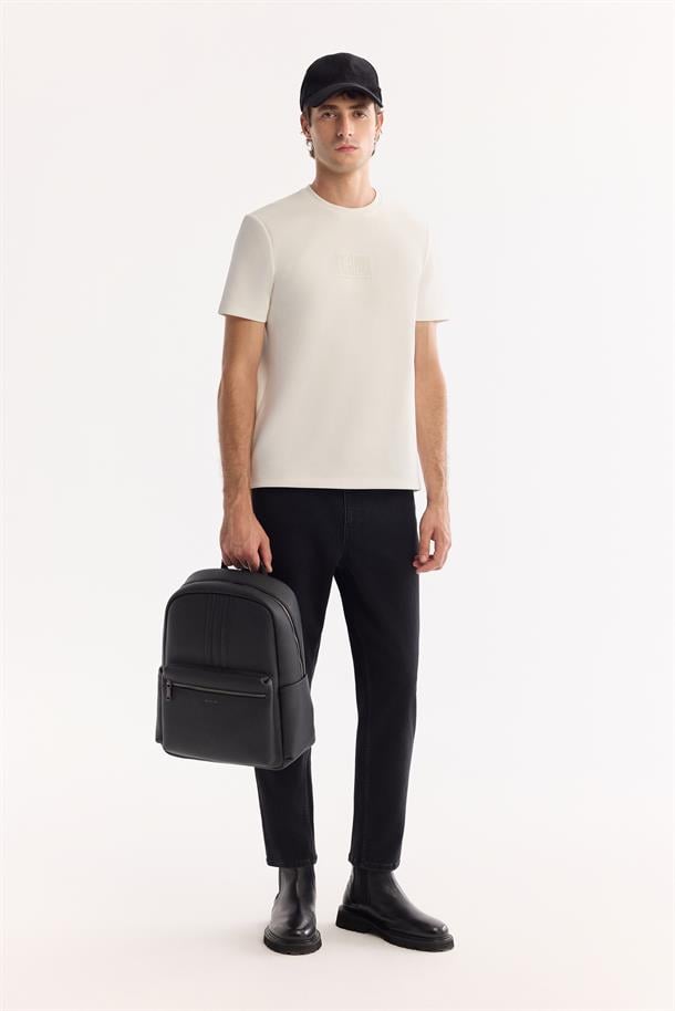 Ekru Bi-Stretch Baskılı İnterlok T-Shirt