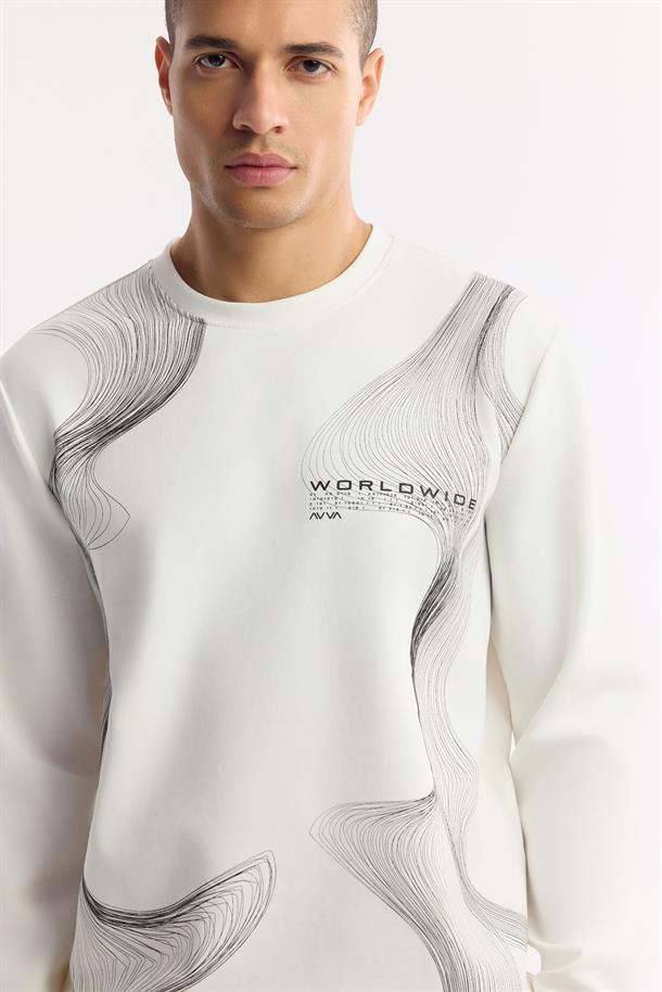 Ekru Bisiklet Yaka Baskılı İnterlok Sweatshirt