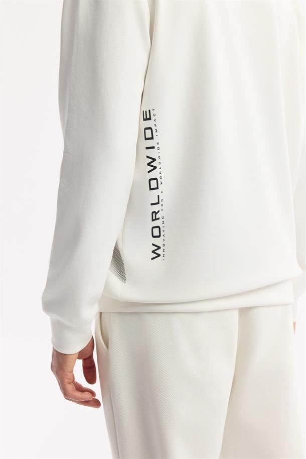 Ekru Bisiklet Yaka Baskılı İnterlok Sweatshirt