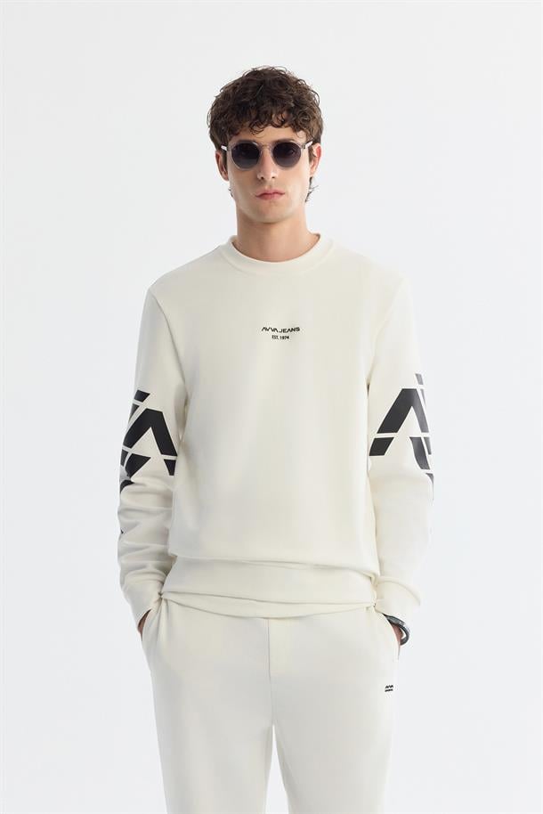 Ekru Bisiklet Yaka Baskılı  Sweatshirt