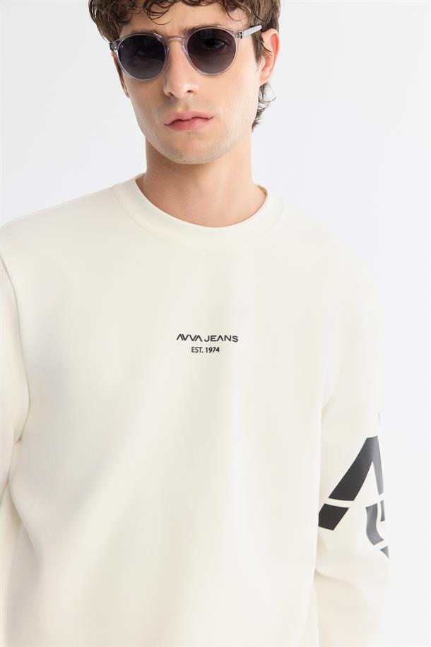 Ekru Bisiklet Yaka Baskılı  Sweatshirt