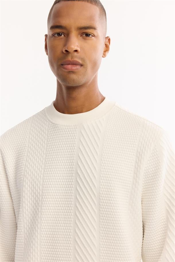 Ekru Bisiklet Yaka Çizgili Jakarlı Sweatshirt