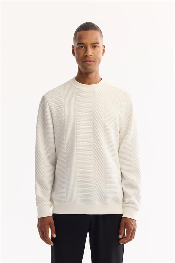Ekru Bisiklet Yaka Çizgili Jakarlı Sweatshirt