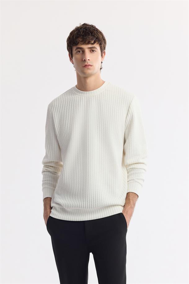 Ekru Bisiklet Yaka Enine Çizgili Jakarlı Sweatshirt