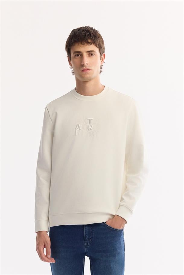 Ekru Bisiklet Yaka Fileksi Baskılı Nakış   İnterlok Sweatshirt