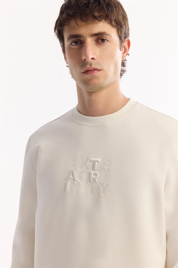 Ekru Bisiklet Yaka Fileksi Baskılı Nakış   İnterlok Sweatshirt