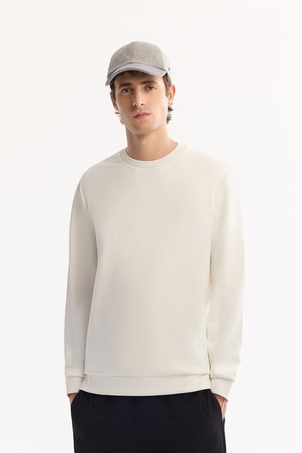 Ekru Bisiklet Yaka Fitil Ribana İnterlok  Sweatshirt