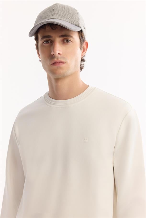 Ekru Bisiklet Yaka Fitil Ribana İnterlok  Sweatshirt