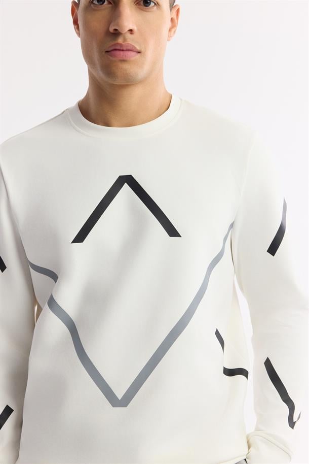 Ekru Bisiklet Yaka Flexi Baskılı İnterlok Sweatshirt