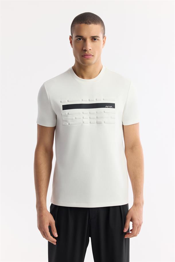 Ekru Bisiklet Yaka Flexi & Gofre Baskı Detaylı İnterlok T-Shirt