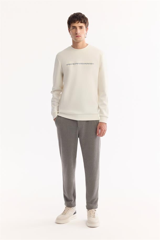 Ekru Bisiklet Yaka Gofre  Baskılı İnterlok Sweatshirt