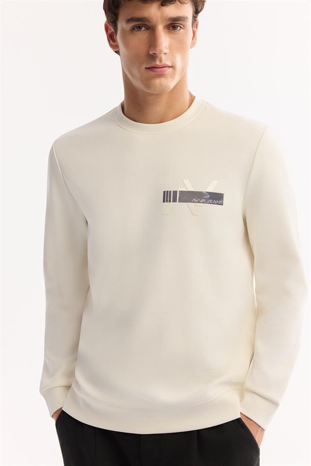 Ekru Bisiklet Yaka Göğsü Hologram Baskı  İnterlok Sweatshirt