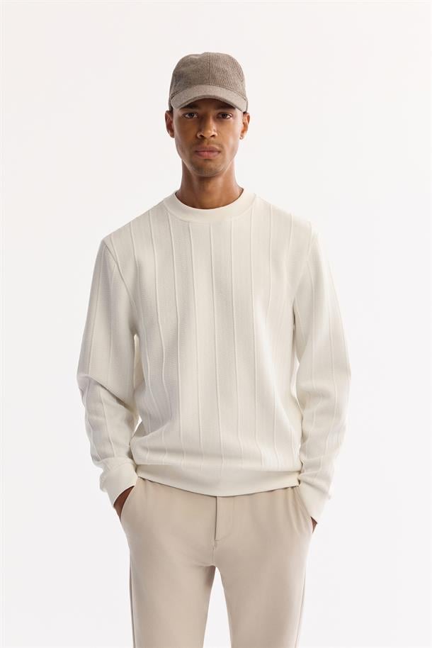 Ekru Bisiklet Yaka Jakarlı Sweatshirt