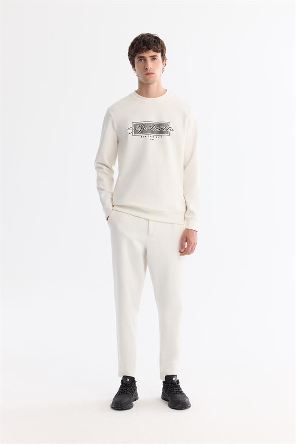 Ekru Bisiklet Yaka Pamuklu Baskılı Sweatshirt