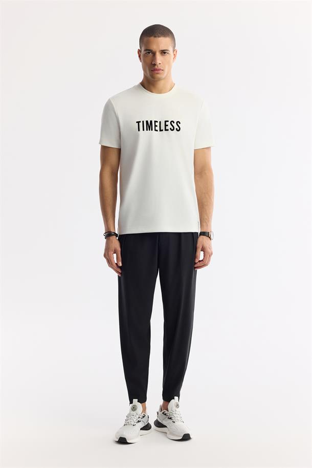 Ekru Bisiklet Yaka Slogan Baskılı İnterlok T-Shirt