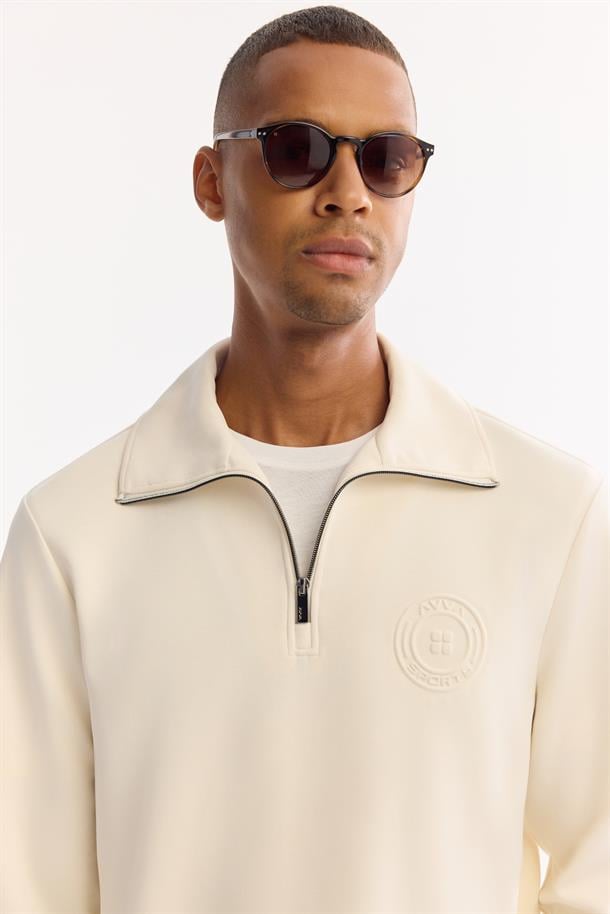 Ekru Fermuarlı Baskılı Soft Touch Sweatshirt