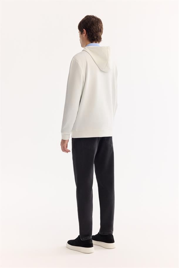 Ekru Kapüşonlu Yaka Kanguru Cepli   İnterlok Sweatshirt
